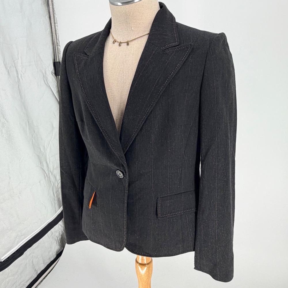 Anne Klein Blazer 14 Gray Pinstripe Single Button Contrast Stitch Notched Lapel - Picture 2 of 9